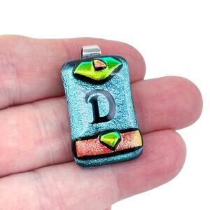 Vintage Sterling Silver 925 Blue Dichroic Glass Initial D Pendant